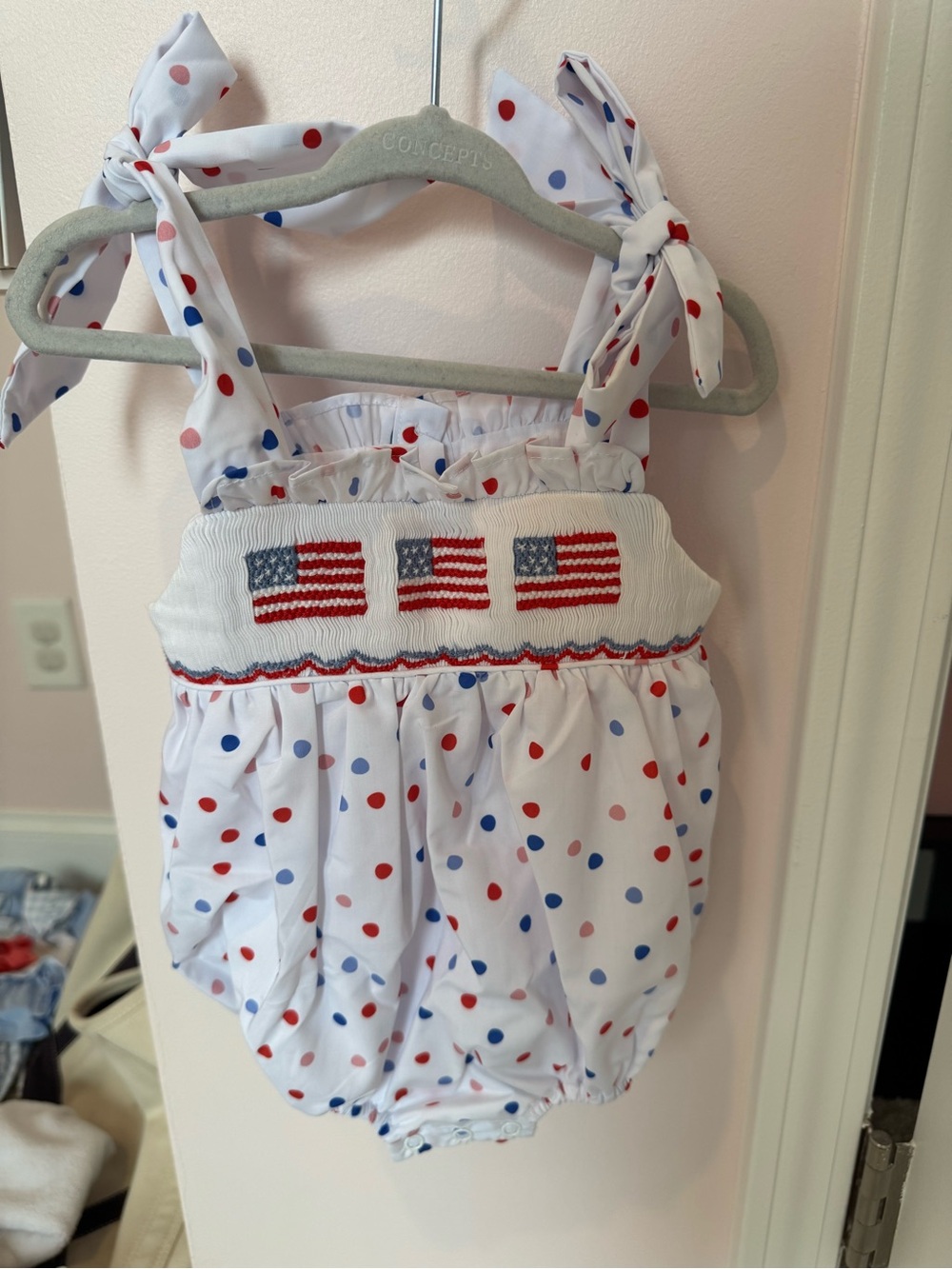 Smocked Polka Dot Baby One-Piece Romper in White with Red & Blue